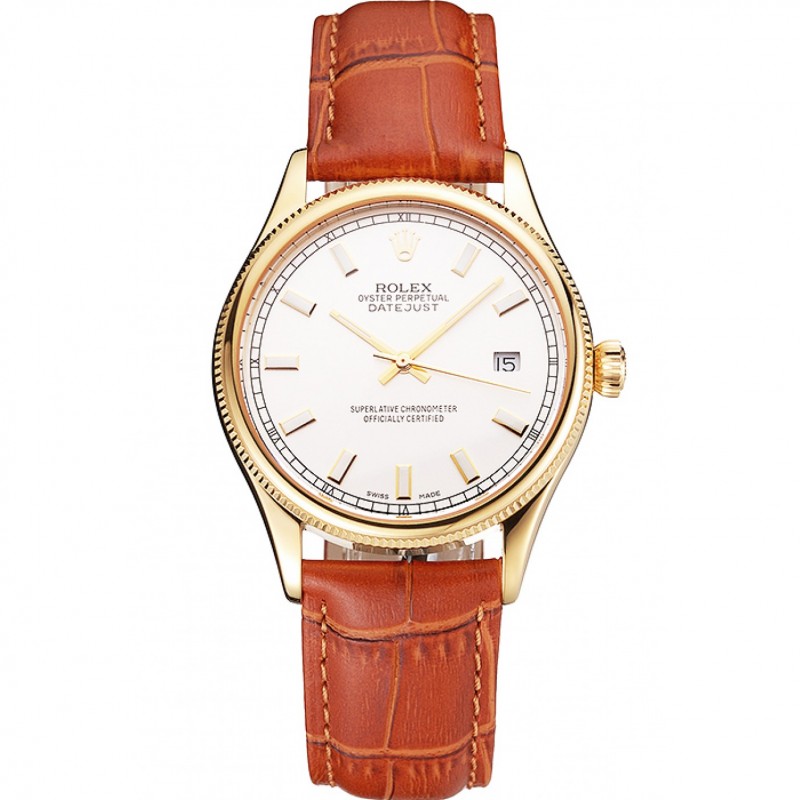 Swiss Rolex Datejust White Dial Gold Case Light Brown Leather Strap Replica Watches