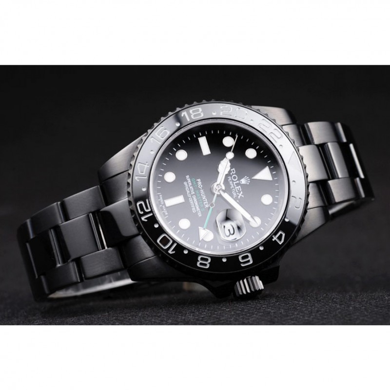 Rolex Swiss GMT Master II Pro-Hunter Black Steel Strap Black Dial Replica Watches